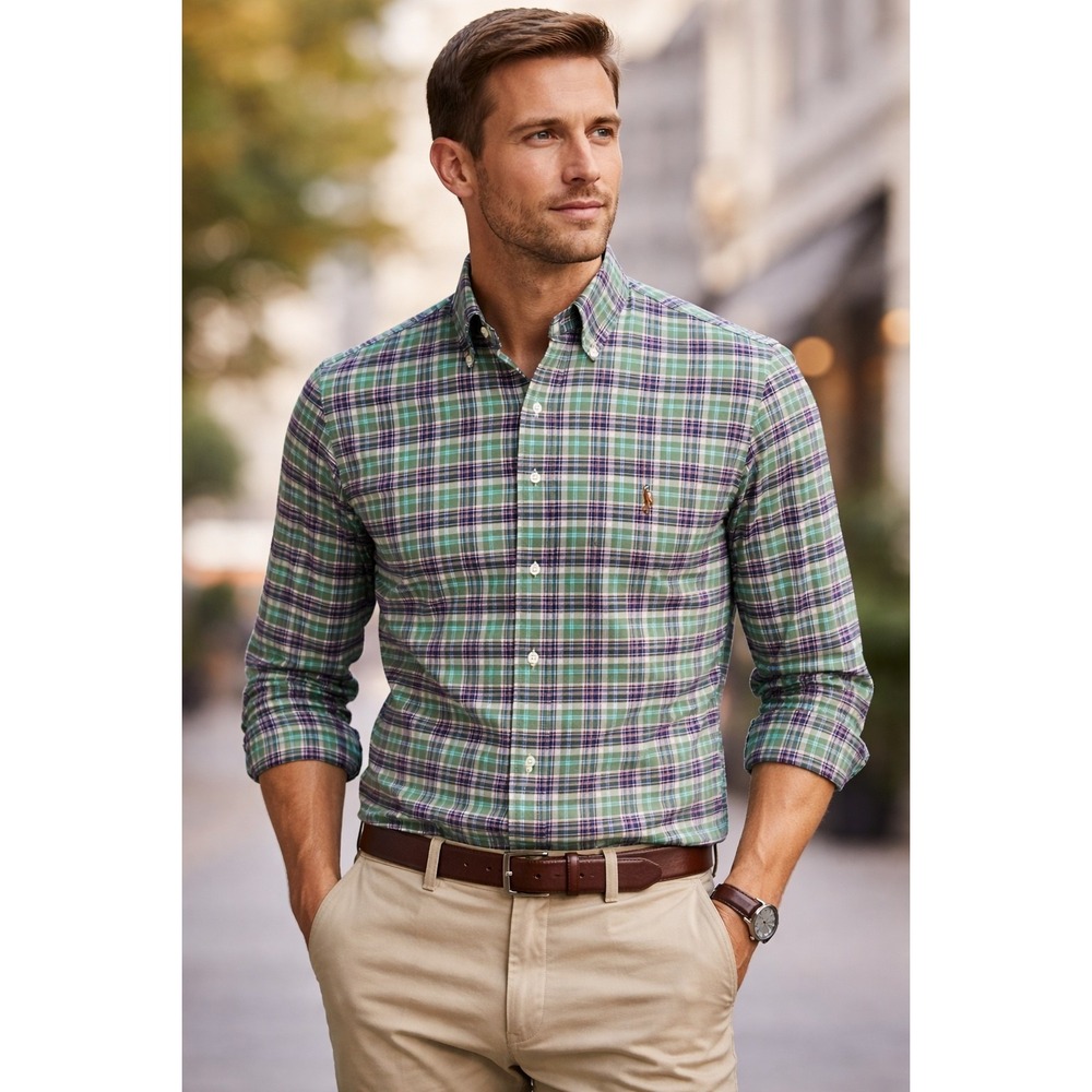 Men's Ralph Lauren Plaid Oxford Shirt‎ Pony Button Down Cotton Long Sleeve Sz S